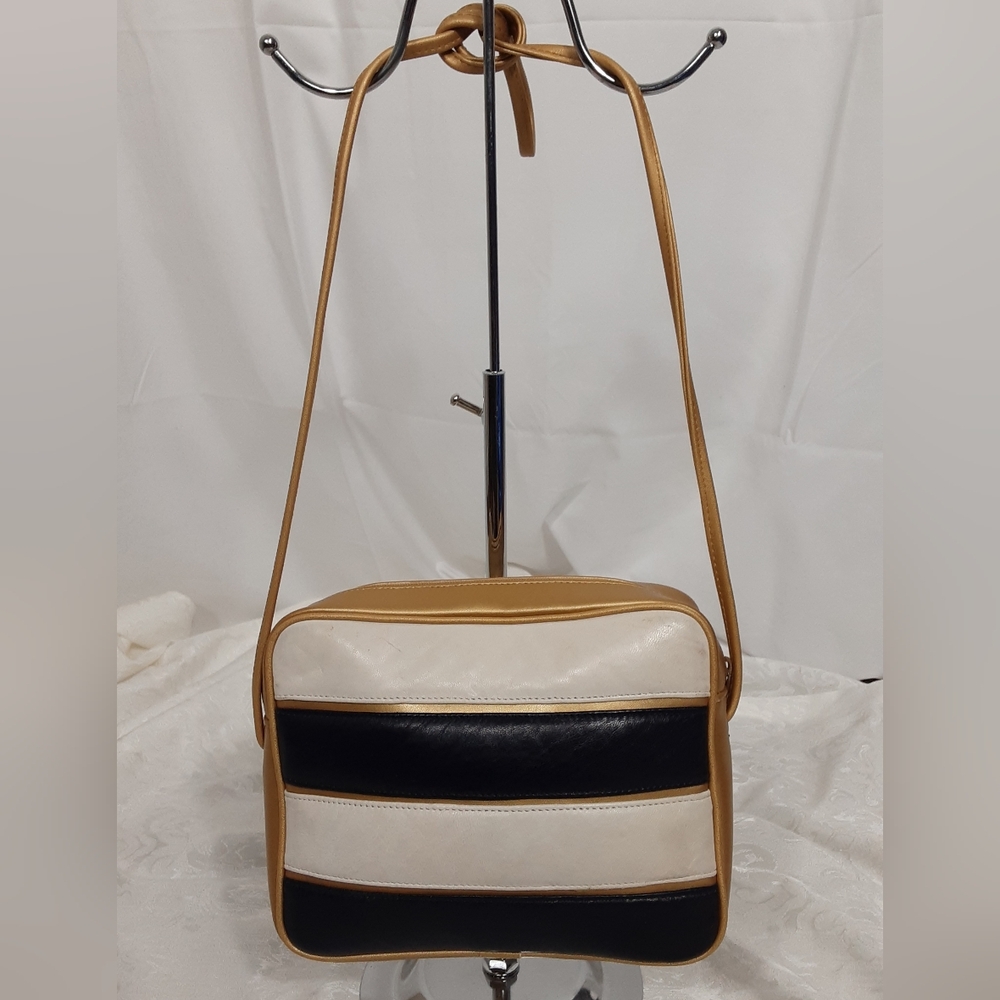 L.J. Simone Vintage Navy, White And Gold Leather Crossbody Bag.